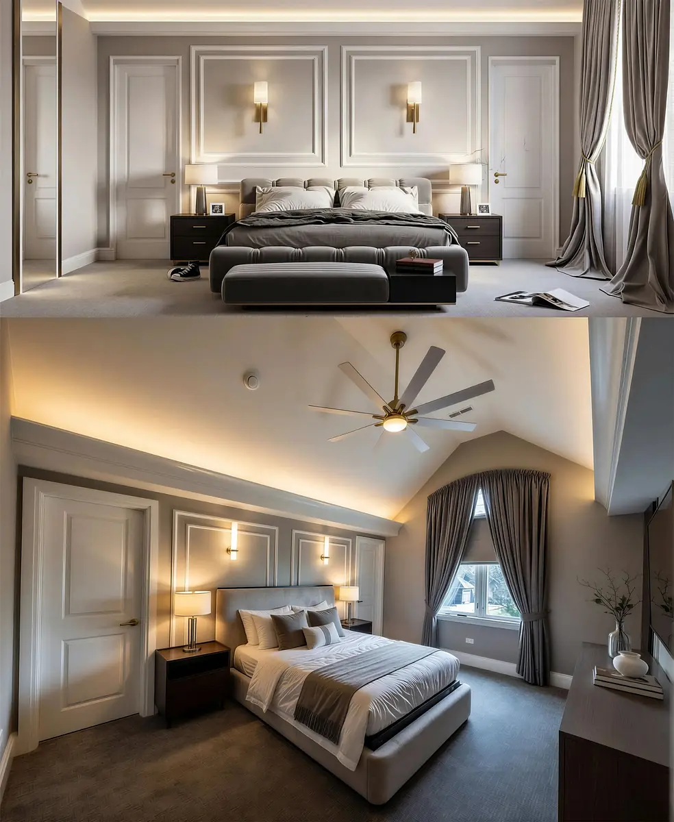 Bedroom with queen-sized bed, nightstands, wall paneling, curtains, and a ceiling fan