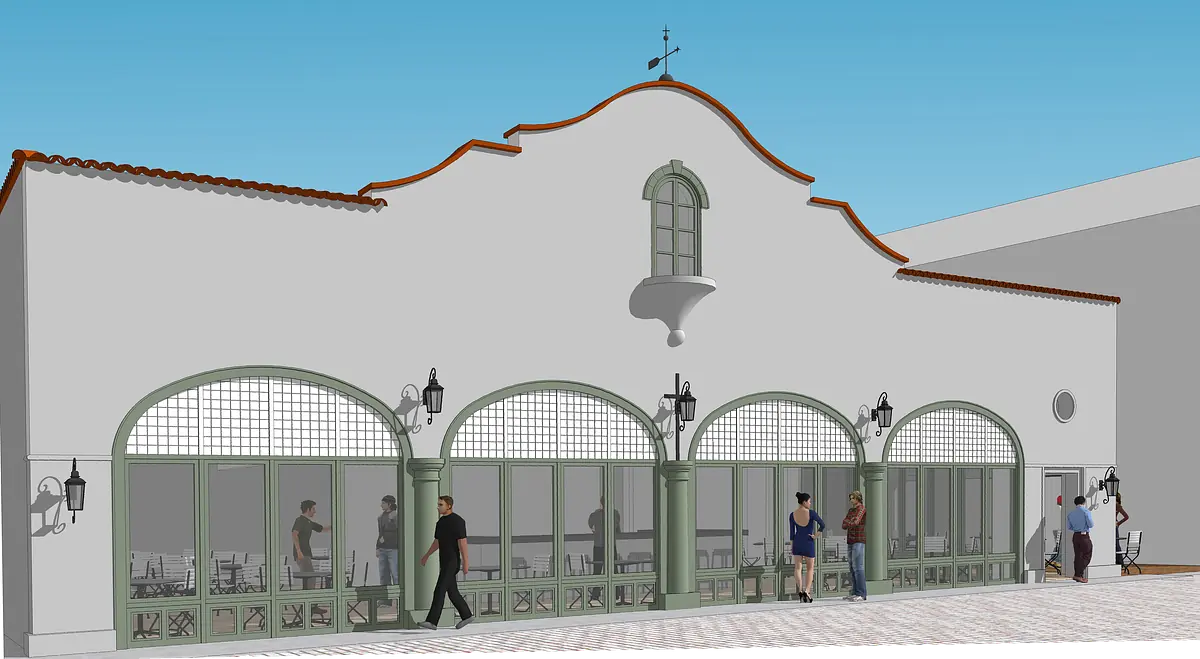 Building facade with arched green windows, decorative lanterns, and a curved roof with a red overhang.