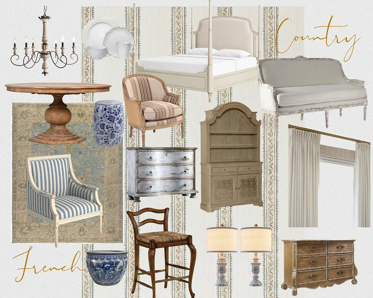 Collage of furniture and decor items including bed, sofa, dining table, and various accessories.
