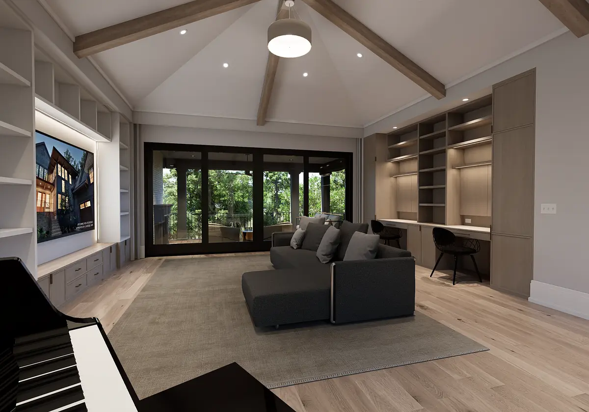 Living room with sectional sofa, area rug, built-in shelving, desk, and grand piano with vaulted ceiling and large windows.