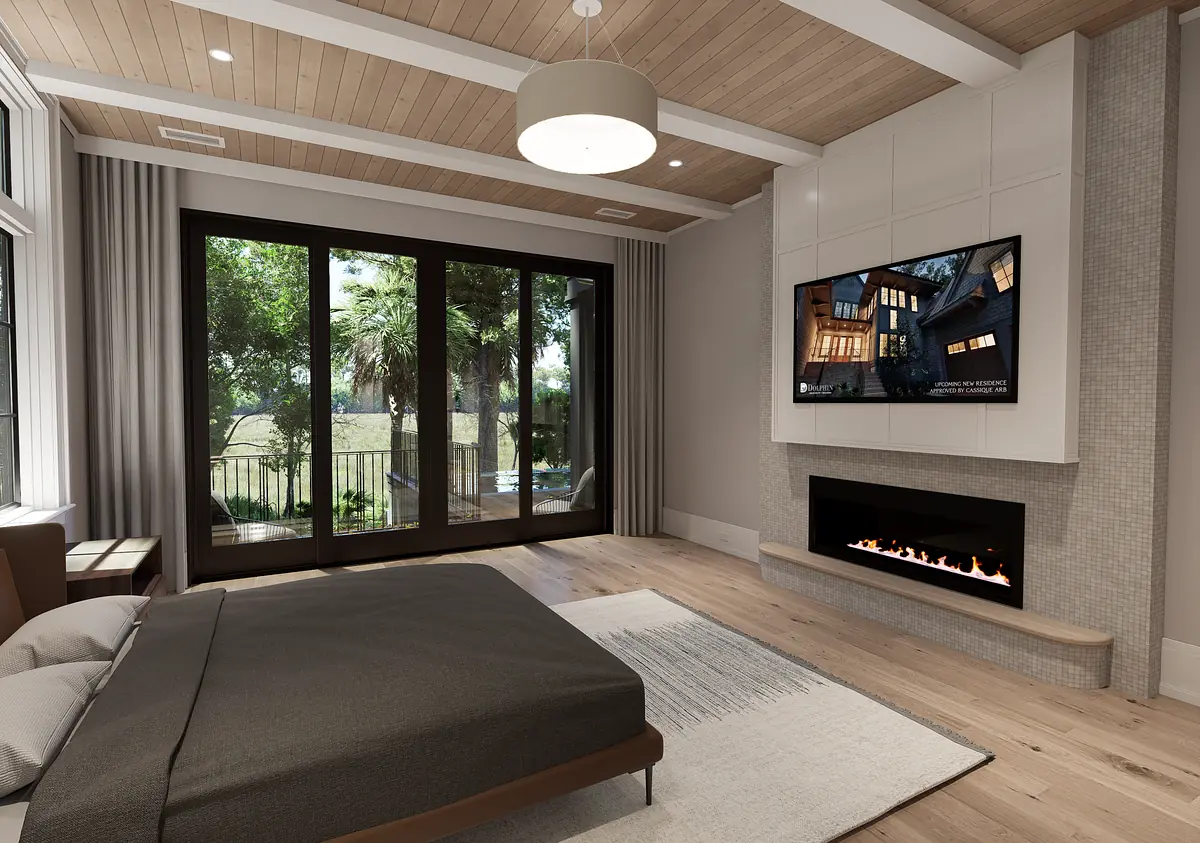 Bedroom with gray bed cover, wall-mounted TV, fireplace, sliding doors, and wooden ceiling beams