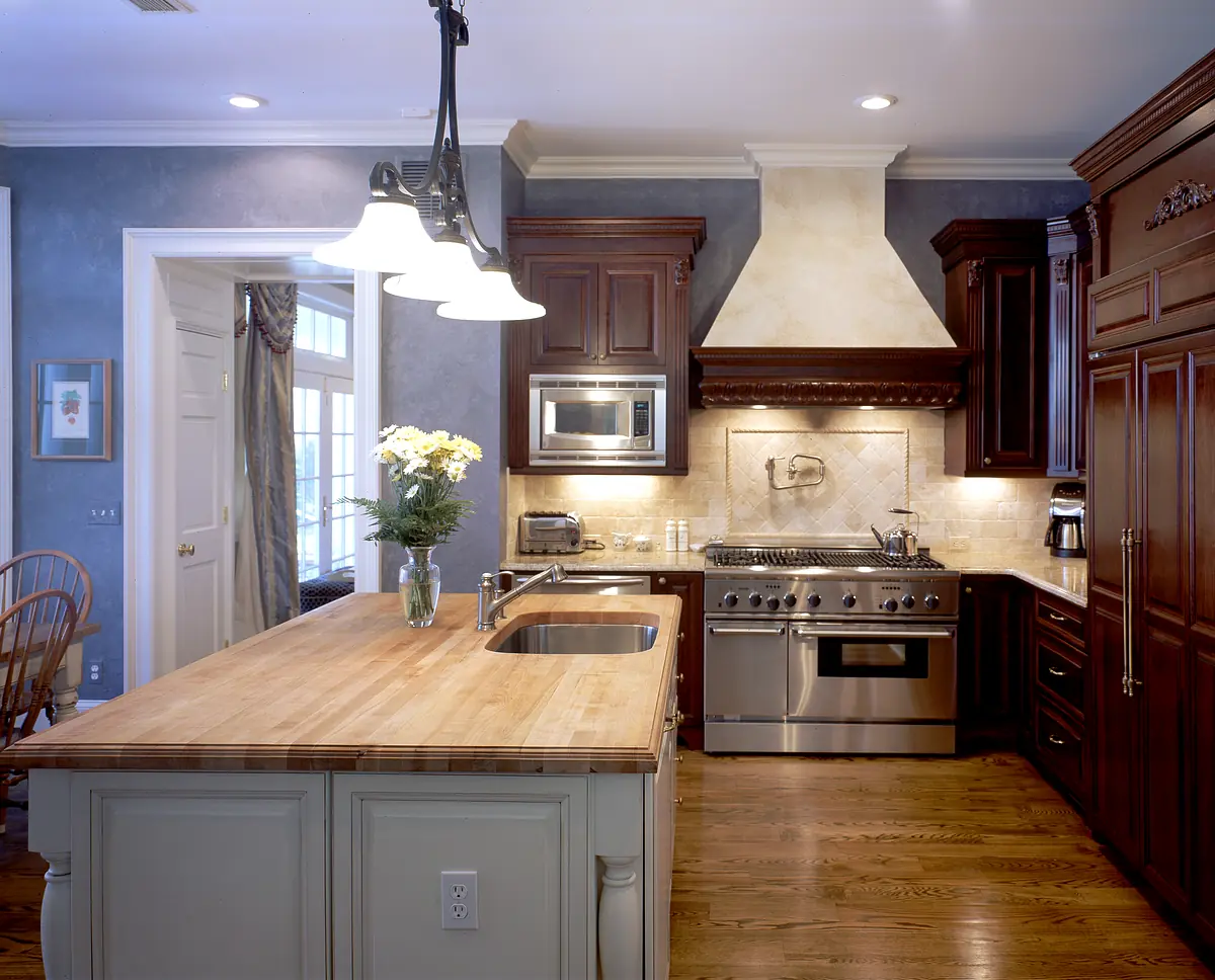 Kitchen with wood island, dark cabinets, stainless steel appliances, tiled backsplash, and windows