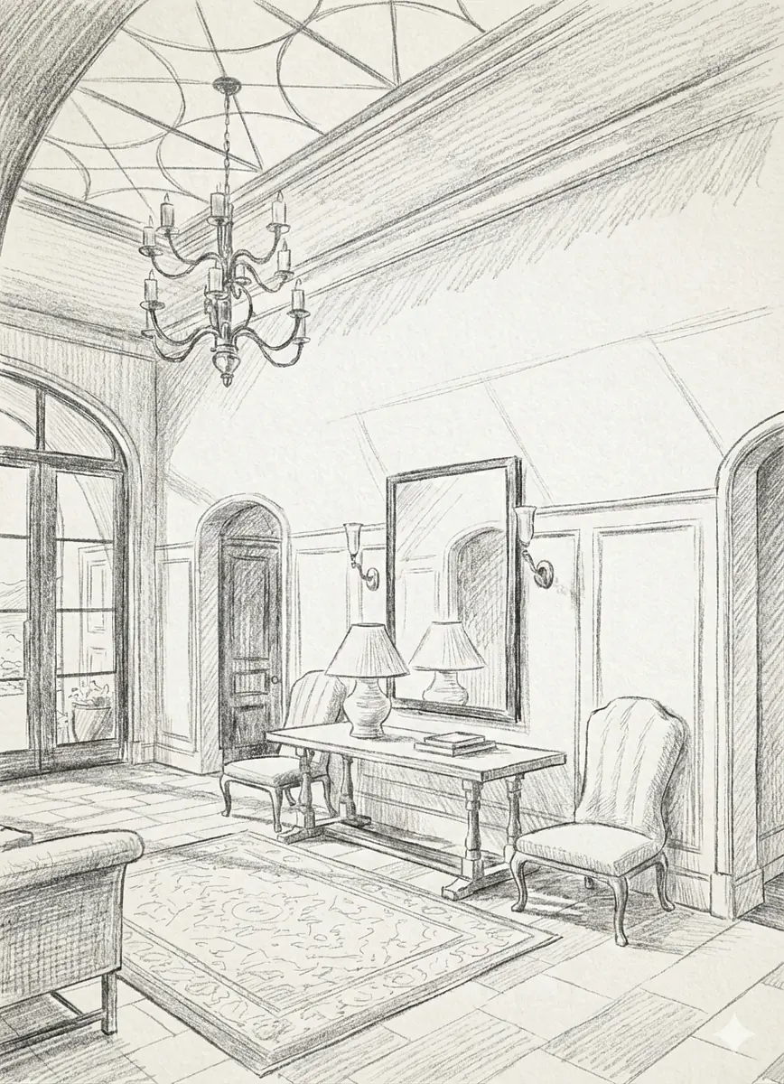 Foyer with chandelier, console table, lamps, armchairs, and paneled walls with arched doorways.
