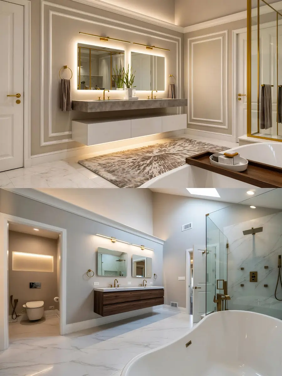 Spacious bathroom with double vanity, freestanding tub, glass shower, and marble floors.