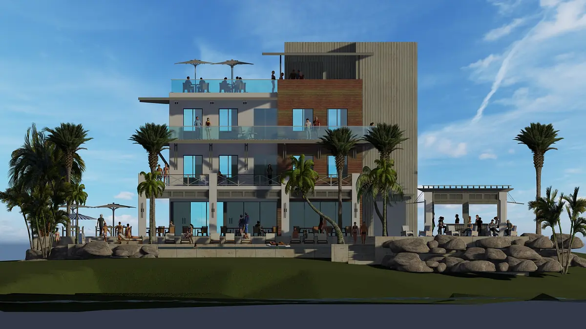 Exterior view of a multi-story building with balconies, palm trees, and outdoor seating arrangements.