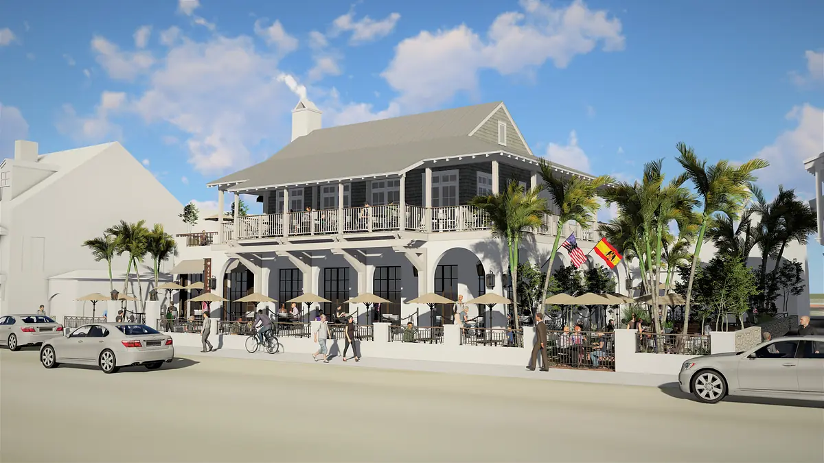 Exterior view of a two-story building with large windows, outdoor dining, and palm trees.