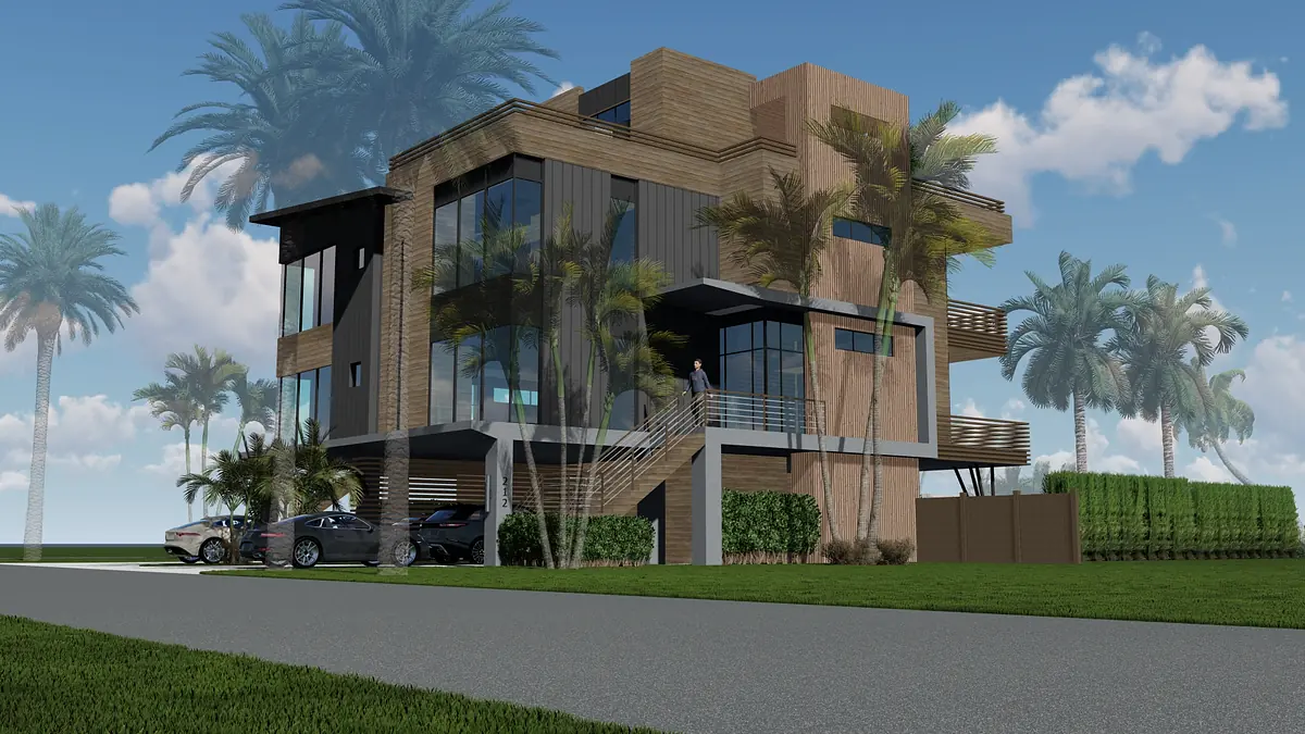 Multi-story house exterior with wood and metal cladding, large windows, stairway, palm trees, and landscaped area.