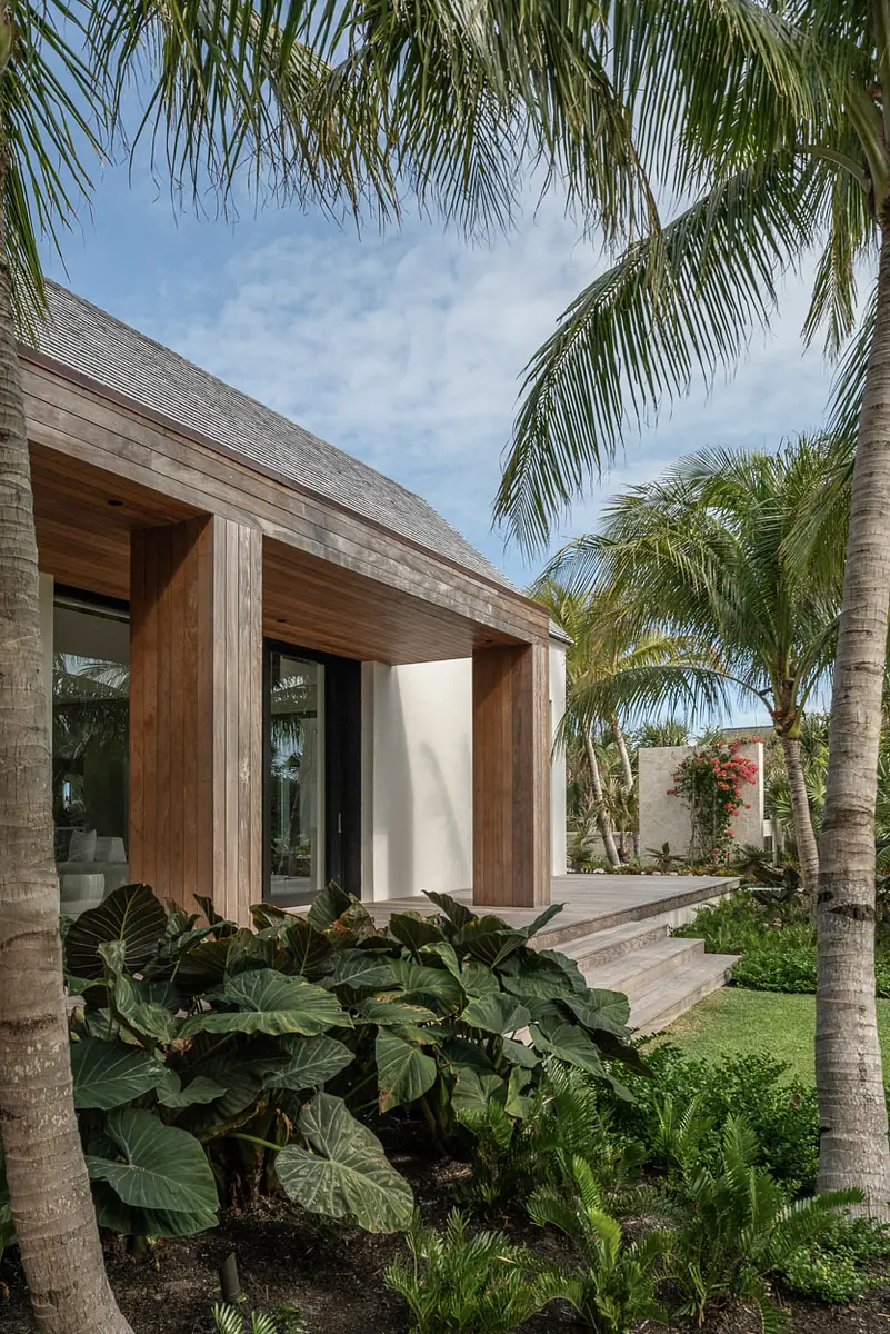 Contemporary exterior with wooden slats, glass windows, palm trees, and staircase leading to the entrance.