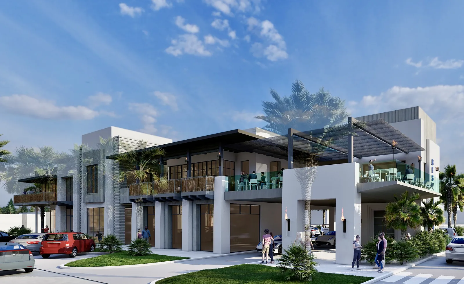 Exterior front view of a two-story building with large windows, patio, and palm trees.