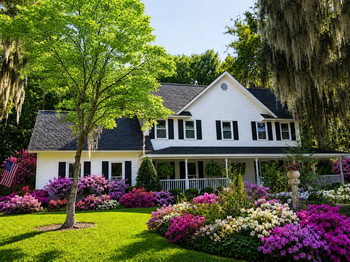 Front exterior of a white house with dark roof, surrounded by colorful flowers and greenery.