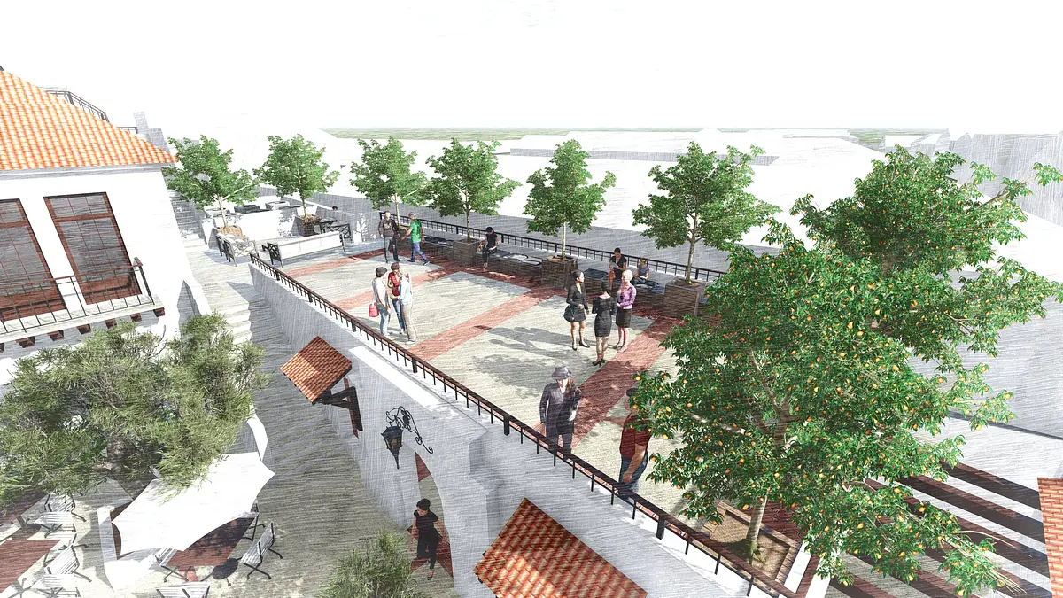 Outdoor patio with paved surface, trees, chairs, tables, and a small fountain for socializing