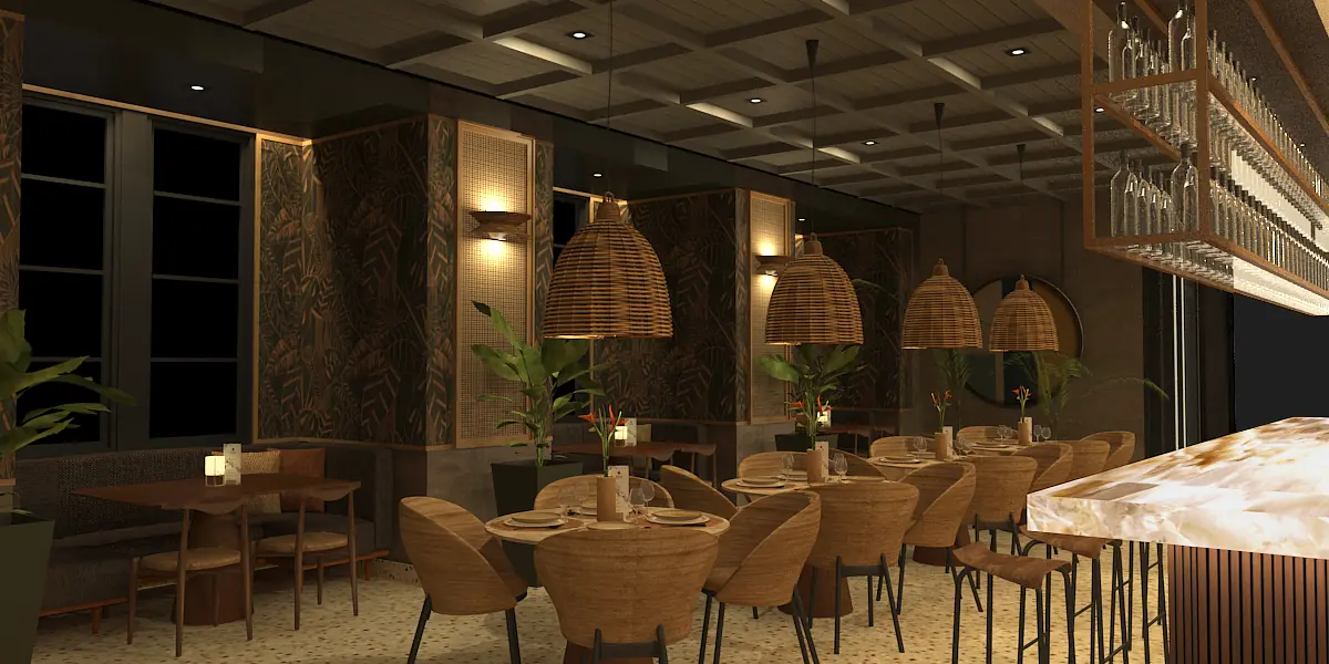 Dining room with long wooden table, round chairs, rattan pendant lights, and potted plants.