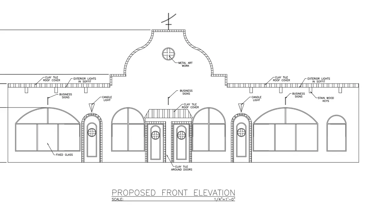Proposed front elevation with arched doors, large windows, tiled roof, and ornamental details.