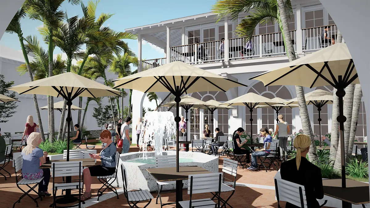Outdoor patio with tables, chairs, sun umbrellas, fountain, and palm trees, bustling with people.