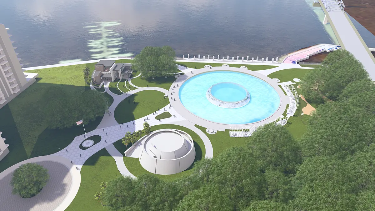 Garden with pool, pathways, benches, seating areas, and trees overlooking the water.