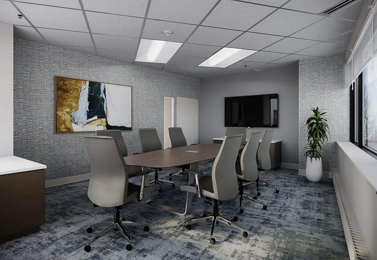 Office with conference table, six chairs, artwork, mounted TV, and large windows.