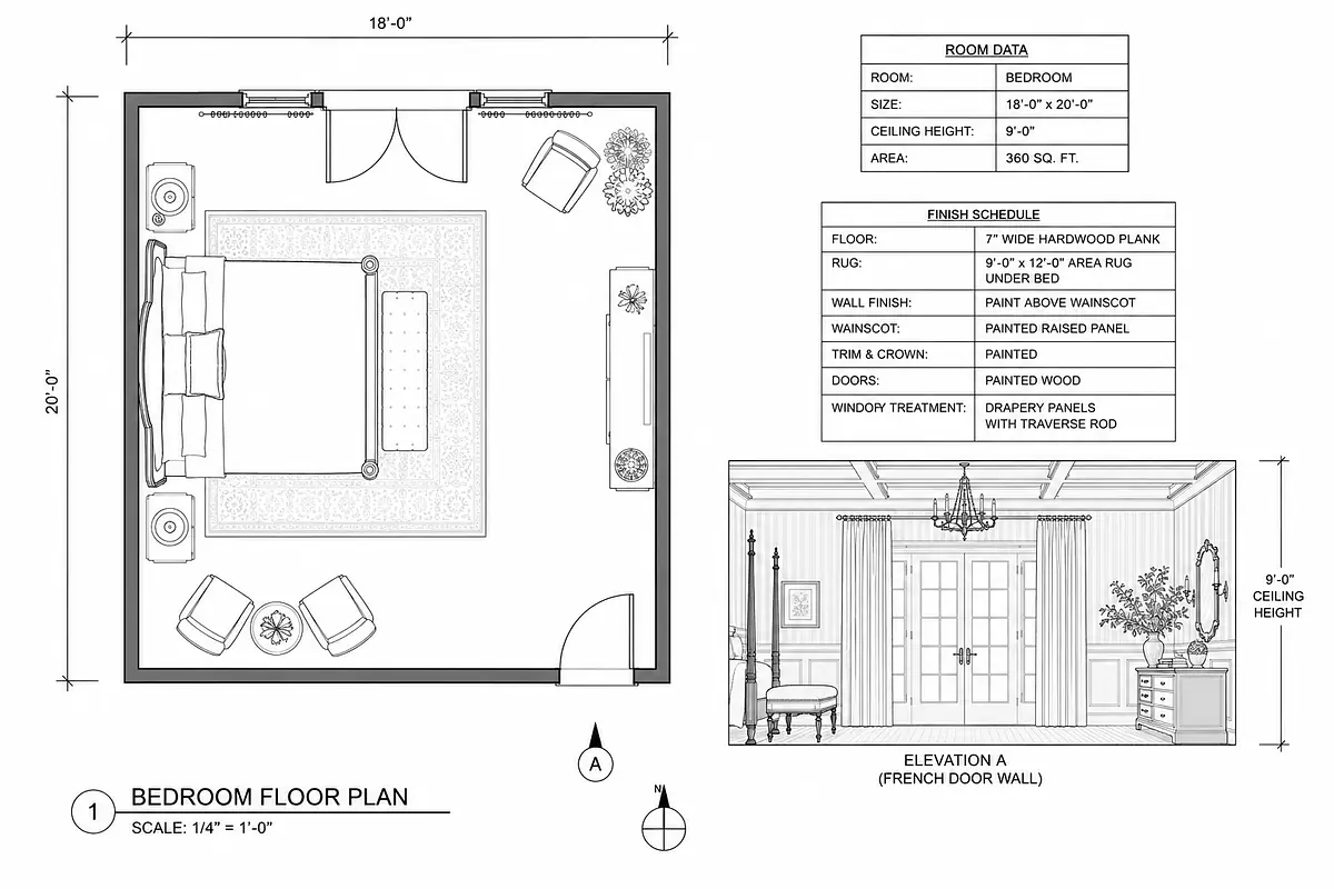 Bedroom with centrally placed bed, nightstands, lamps, rug, window, and door.
