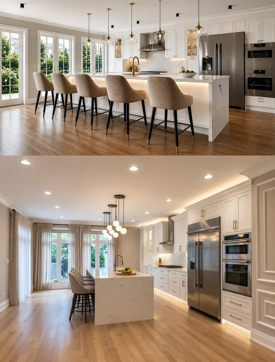 Kitchen with island, seating, stainless steel appliances, white cabinetry, and large windows for natural light