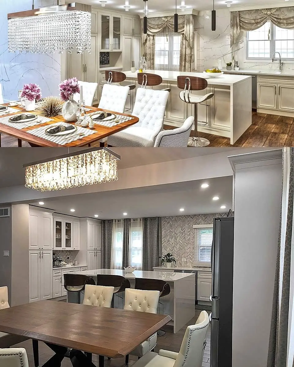 Dining room with wooden table, upholstered chairs, chandelier, and light-colored paneling