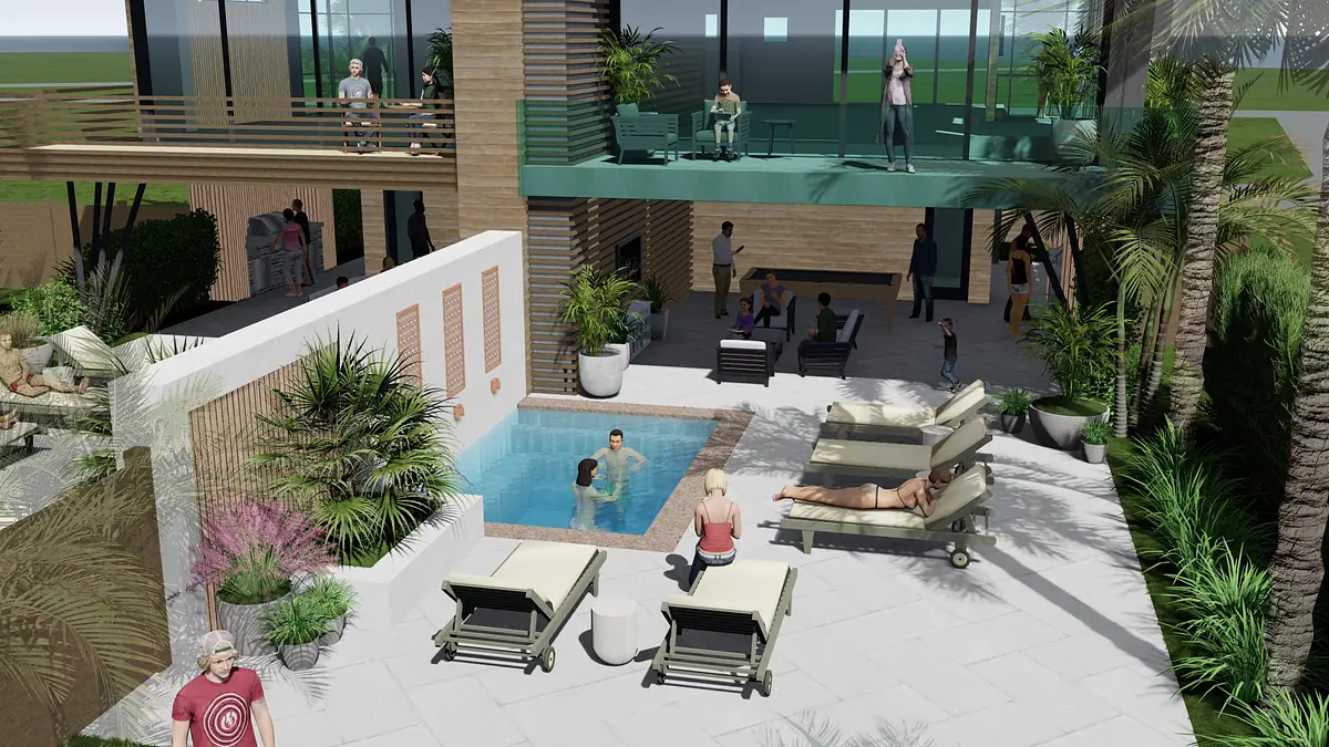 Outdoor patio with swimming pool, lounge chairs, seating area, and landscaping with plants and palm trees.