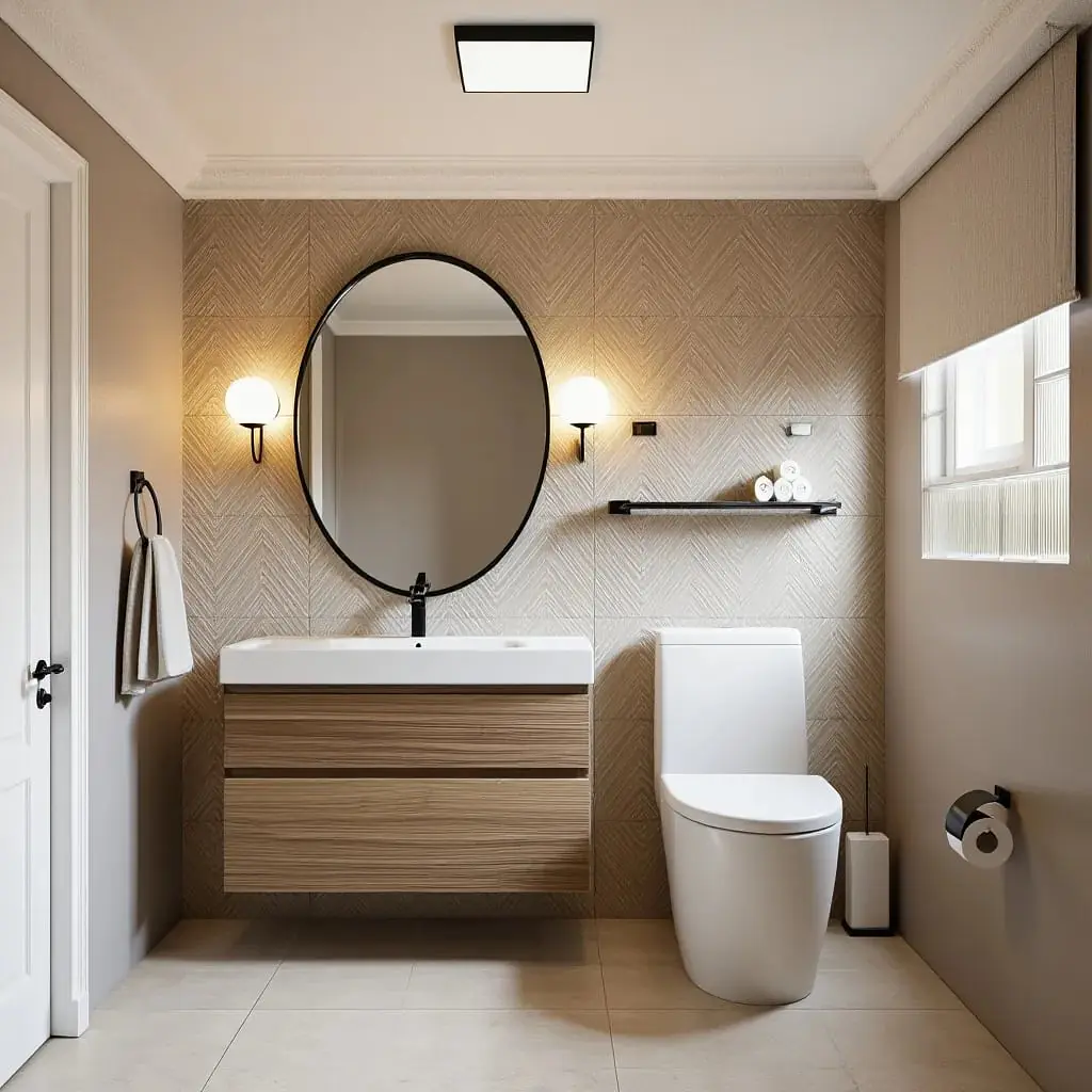 Bathroom with wall-mounted sink, round mirror, toilet, wall shelf, and textured herringbone walls.