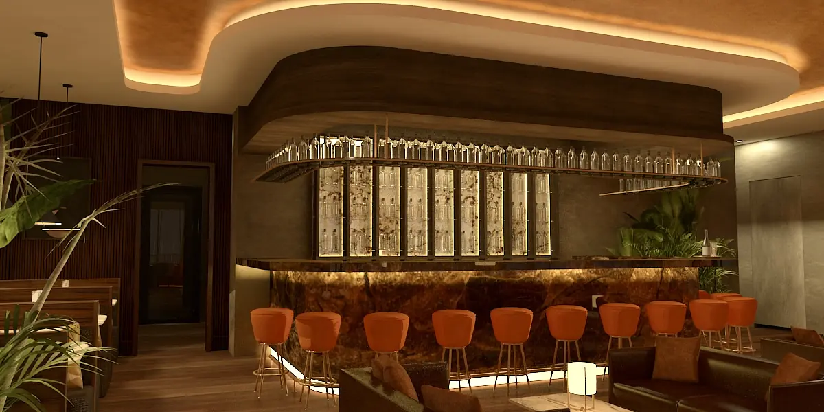 Living room with curved bar, orange bar stools, sectional sofa, and leather armchairs with ambient lighting.