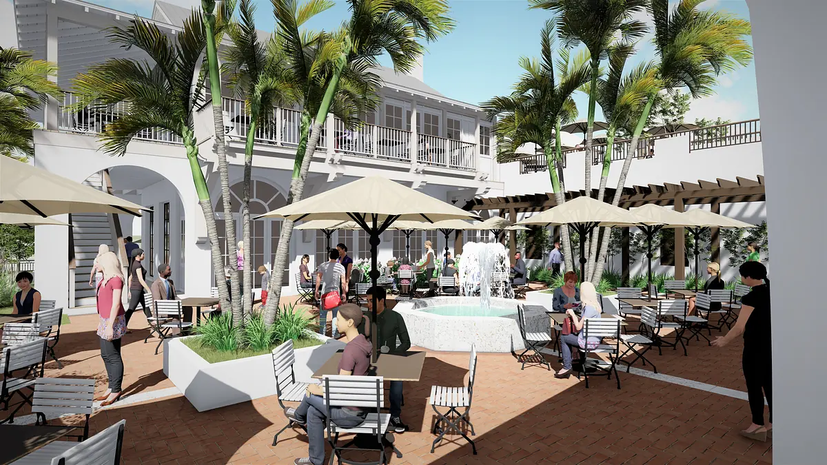 Outdoor patio with tables, chairs, umbrellas, fountain, palm trees, and a two-story building in the background