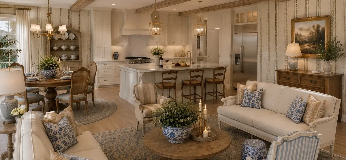 Living room with beige sofa, blue cushions, coffee table, dining table, and striped wallpaper