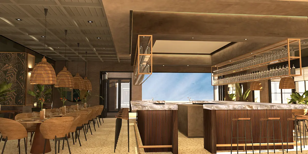 Dining room with long wooden table, wicker chairs, bar area, pendant lights, and potted plants.