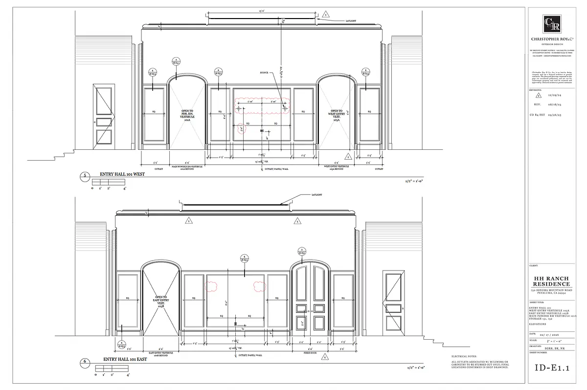 Architectural drawing of a building facade with entry details and window placements.