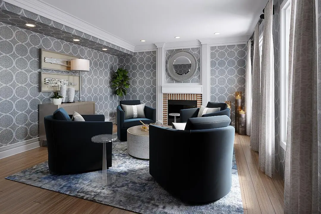 Living room with blue chairs, circular coffee table, geometric wallpaper, white fireplace, and large windows.