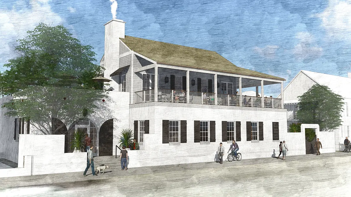 Front exterior view of house with porch, peaked roof, white walls, shutters, and surrounding trees.