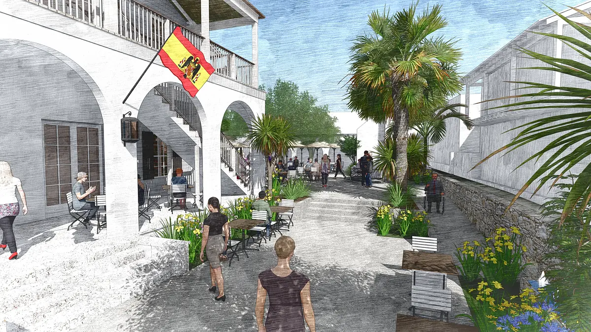 Exterior front area with courtyard, stone pathways, potted plants, seating, and a Spanish flag.