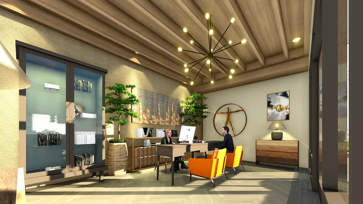 Office space with large desk, orange chairs, wooden cabinet, plants, and artwork with natural light.