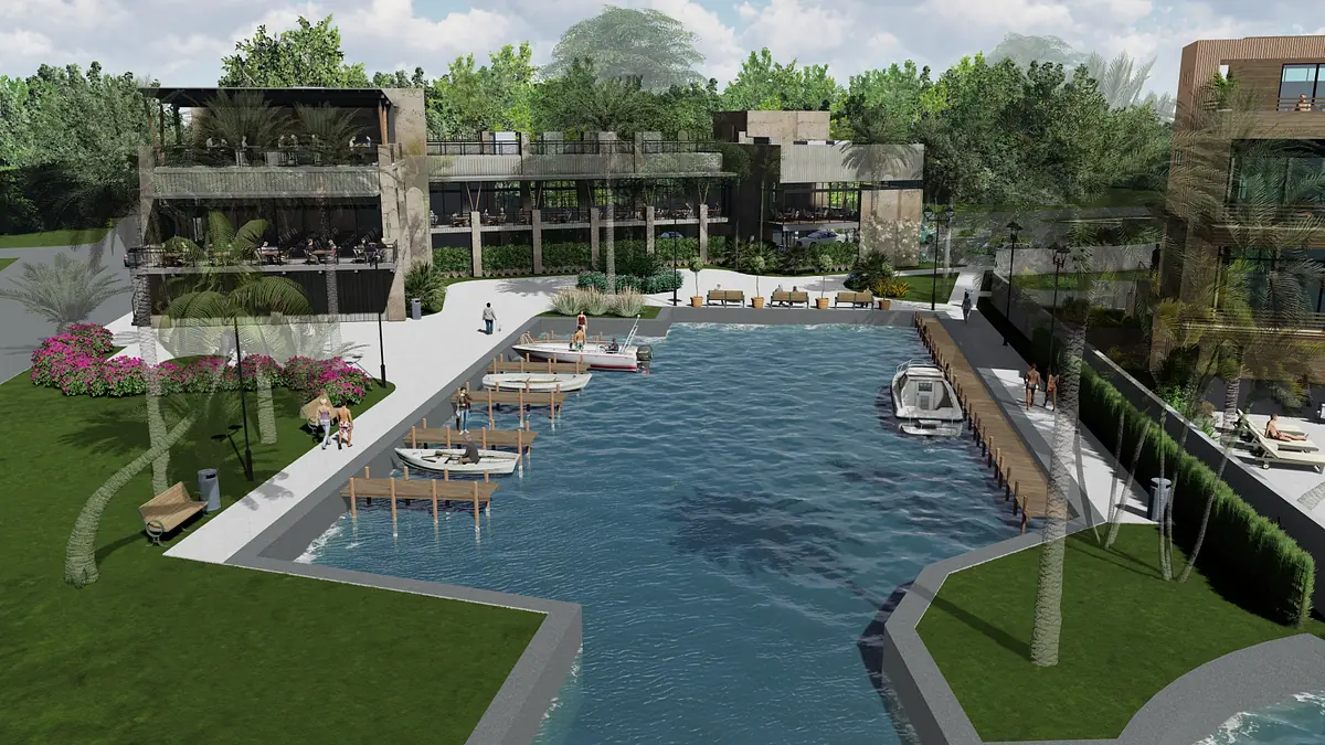 Exterior space with waterfront, docks, seating areas, palm trees, and modern building structure.