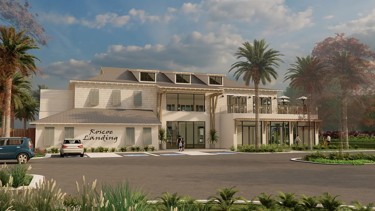 Exterior front view of Roscoe Landing with porch, windows, palm trees, and parking area.