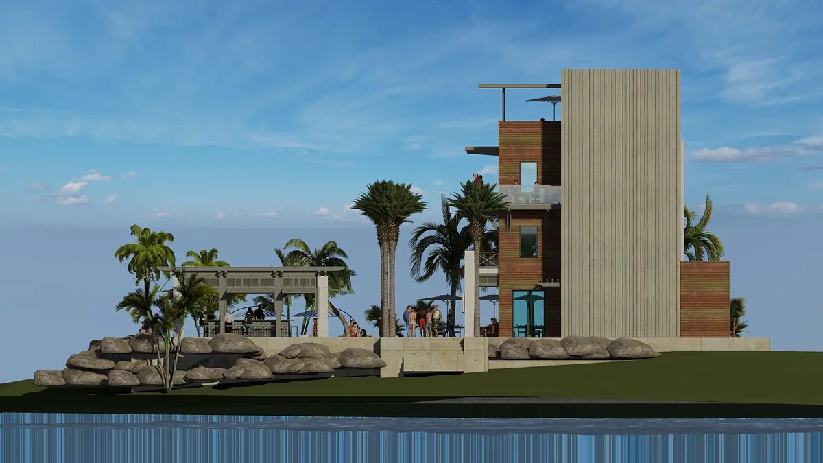 Exterior view of a multi-level house with wood, concrete, palm trees, and a patio area.