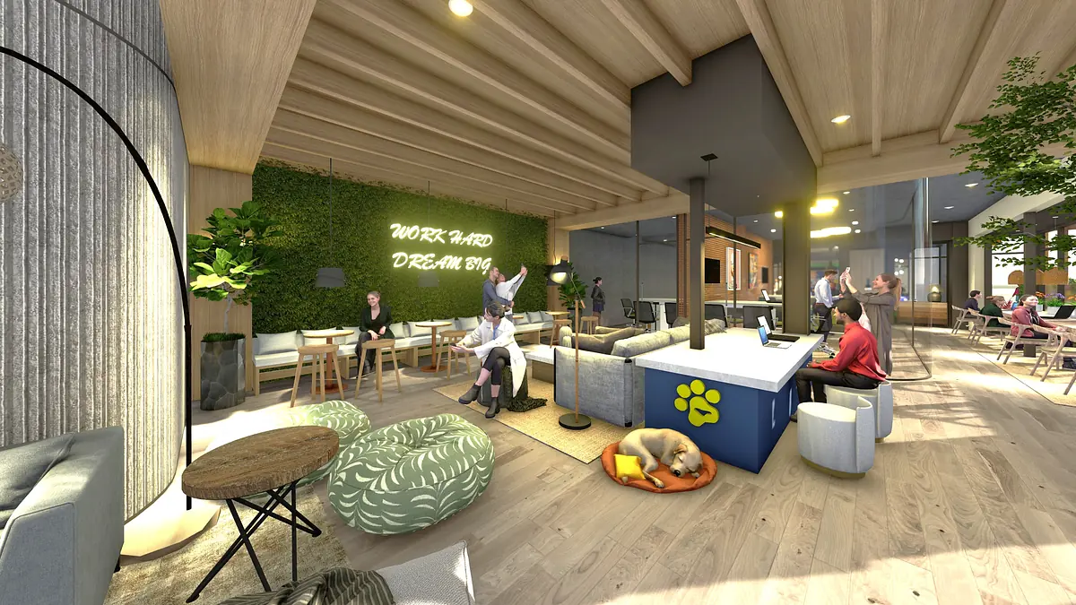 Living room with various seating, blue table, green wall, wooden ceiling, and a dog resting on a cushion.