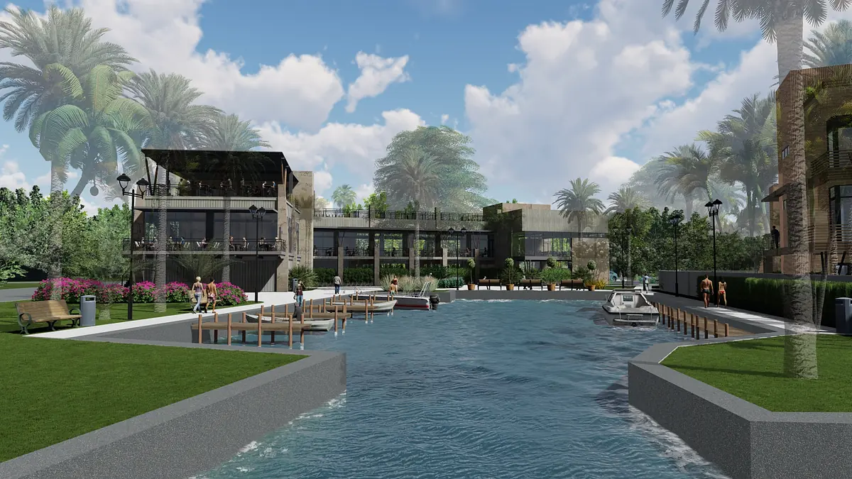 Exterior rear patio with pool, palm trees, seating areas, docks, and large windows in the building.