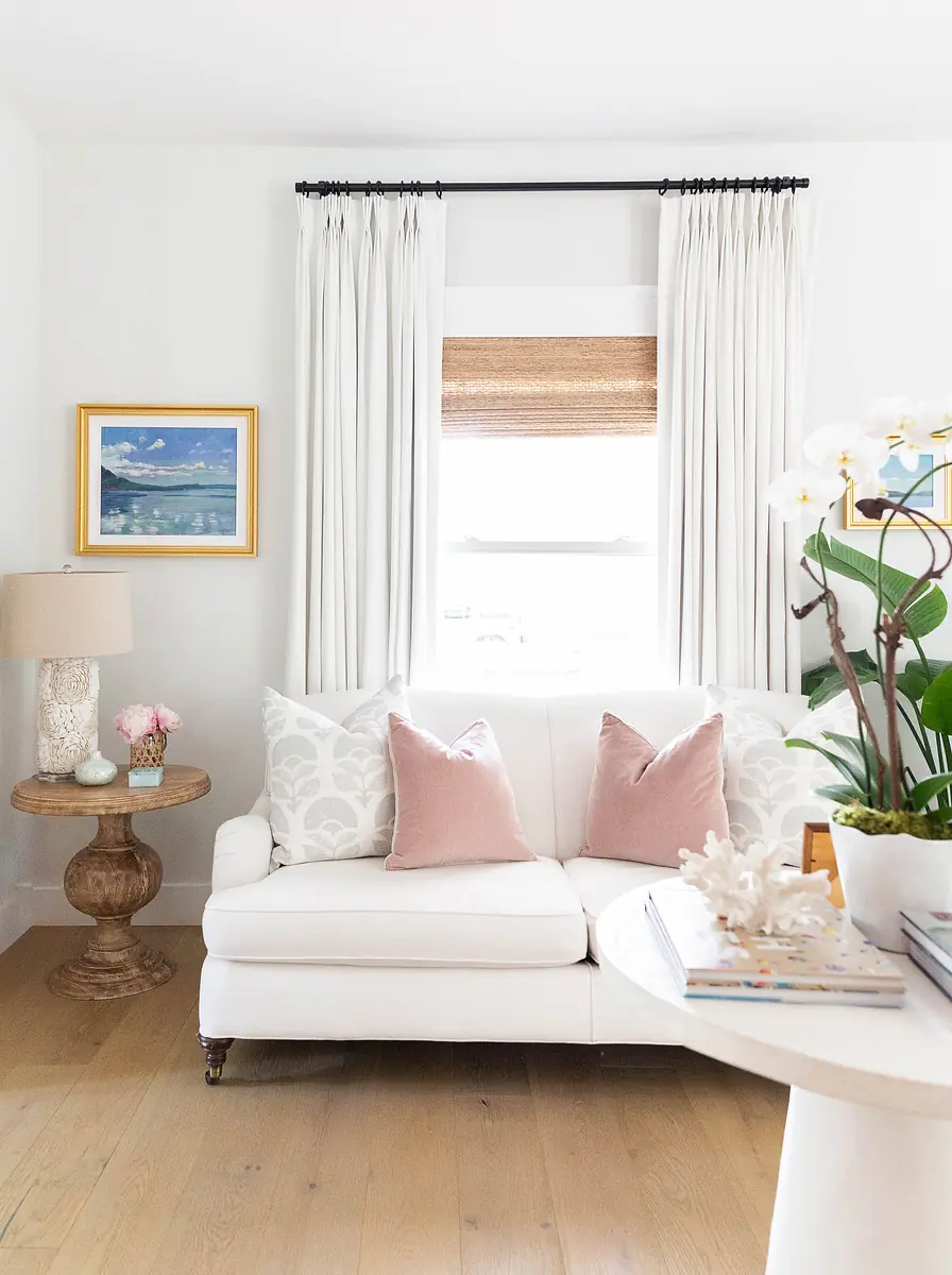 Living room with white sofa, pink cushions, side table, plant, and wall artwork with sheer curtains.