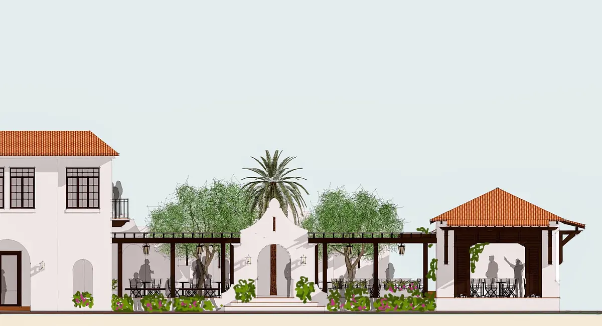 Exterior rendering with archway, two structures, palm trees, and flowering plants in landscaped areas.