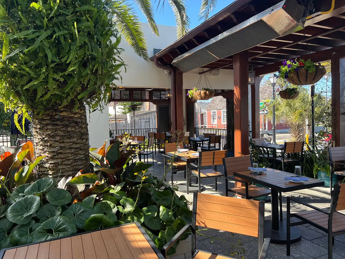 Outdoor patio with wooden tables, chairs, planters, palm tree, and wood beam roof structure.