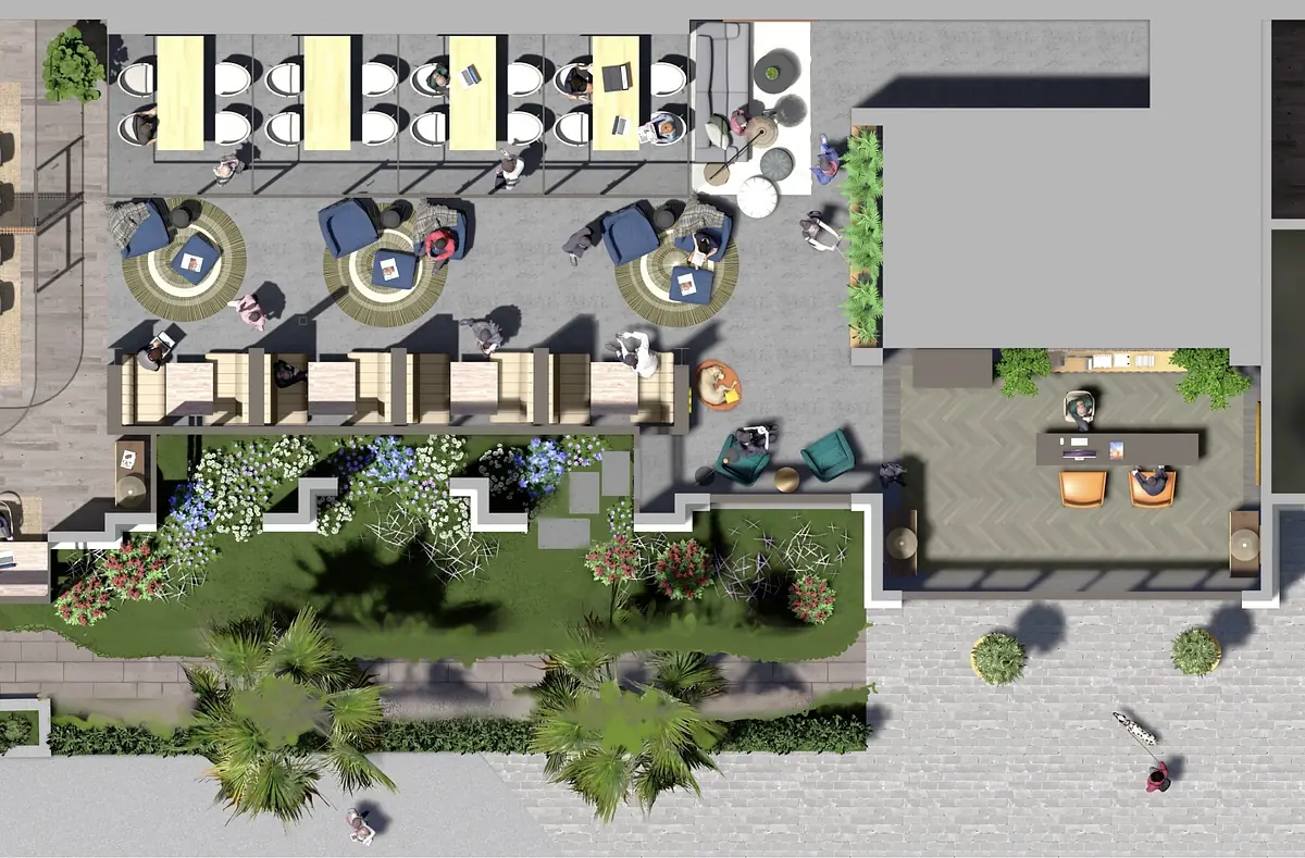 Outdoor patio with dining tables, lounge seating, landscaped gardens, and potted plants.