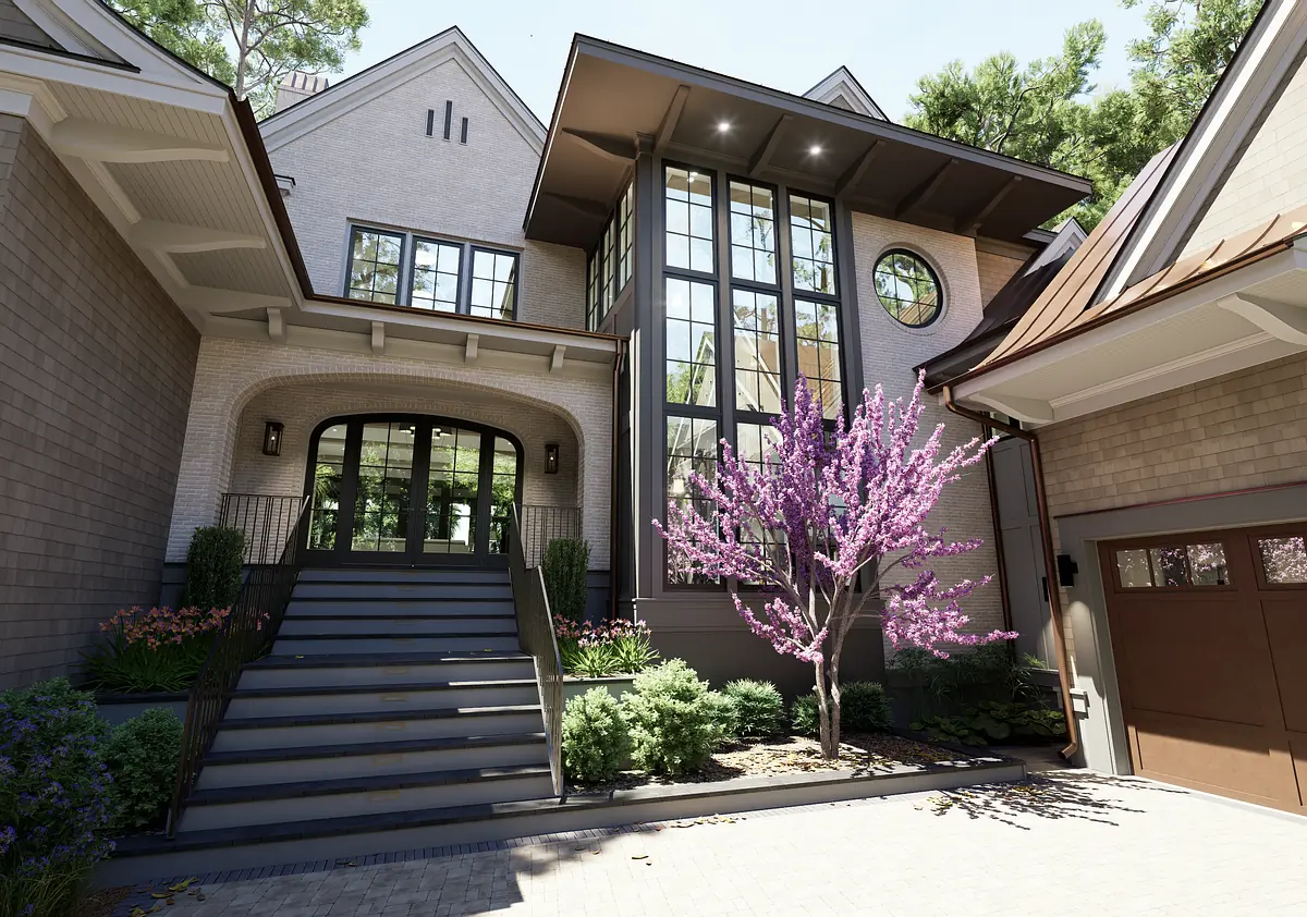 Front exterior view of a house with stepped entrance, gray brick, windows, and a purple flowering tree.