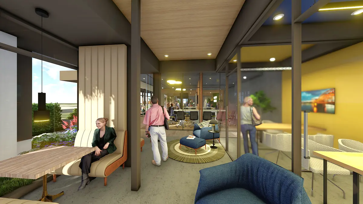 Dining area with large wooden table, upholstery, built-in seating, large windows, and colorful walls