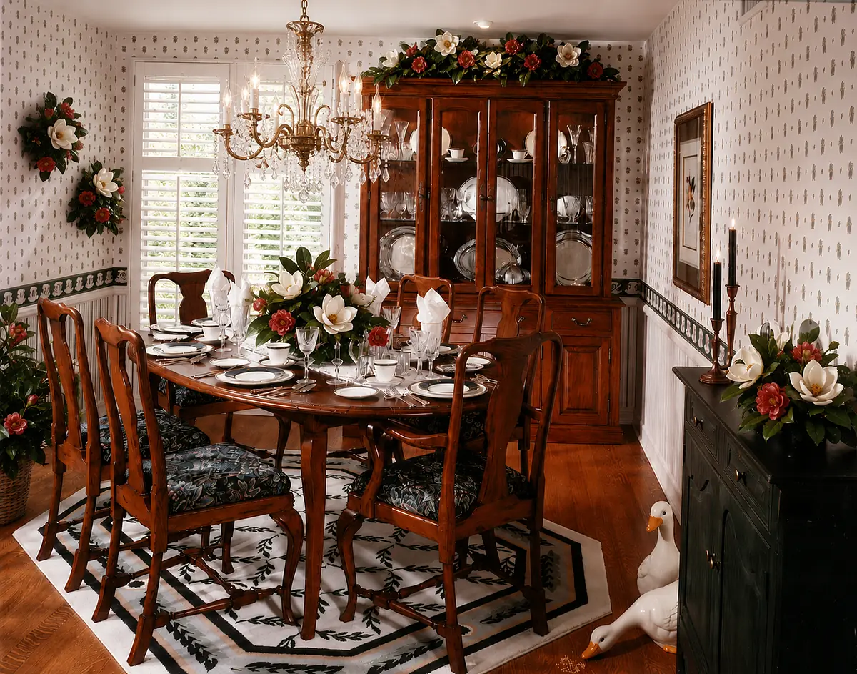 Dining room with round table, eight chairs, china cabinet, rug, floral wallpaper, and chandelier.