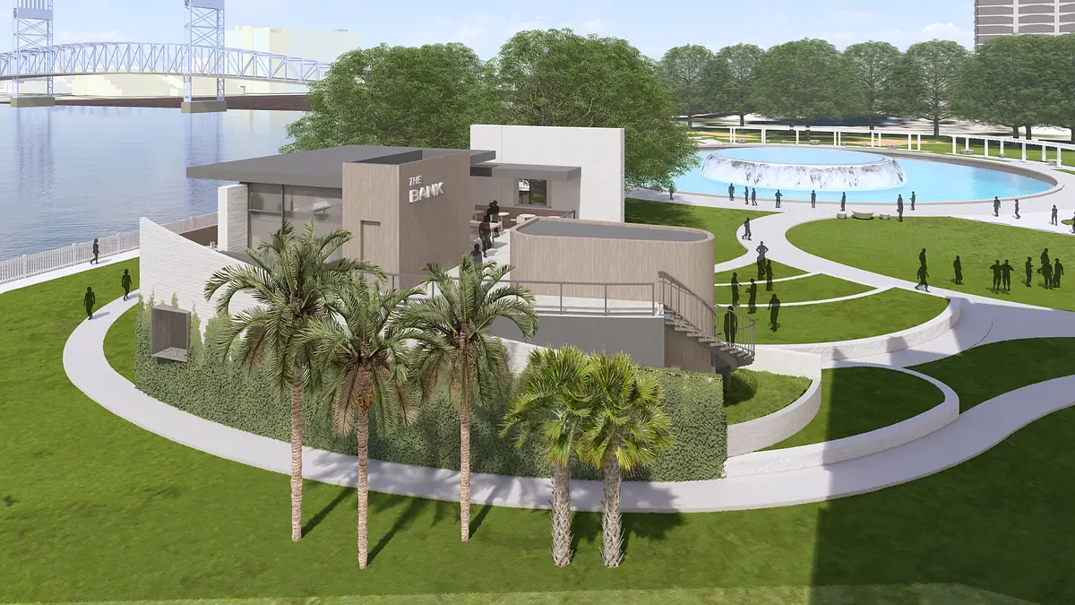 Exterior view of a modern building with landscaped lawns and a nearby water fountain.