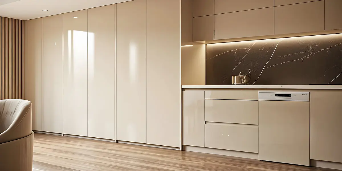 Kitchen with beige cabinetry, marble backsplash, wood flooring, integrated dishwasher, and recessed lighting