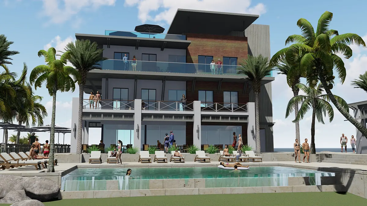 Exterior rear view of a building with balconies, swimming pool, palm trees, and lounge chairs.