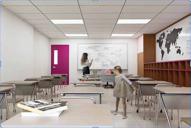 Classroom with desks, chairs, whiteboard, world map, pink door, and books on a desk.